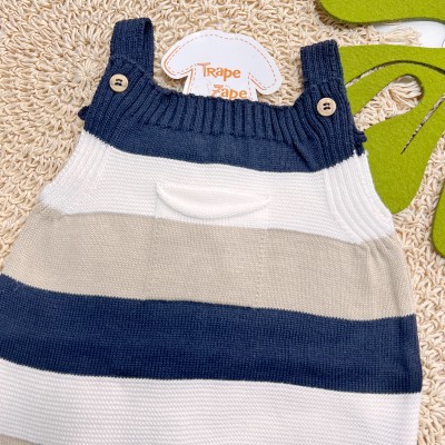   Jardineira Curta Bolso e Listra Grossa Verde Marinho, Branco e Bege